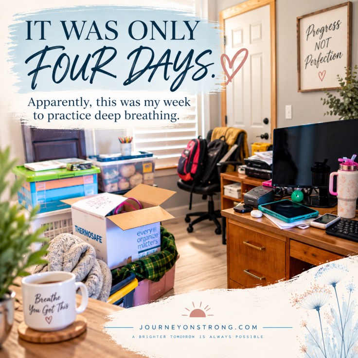 Cluttered home office during a stressful four-day week of reorganizing and decluttering.